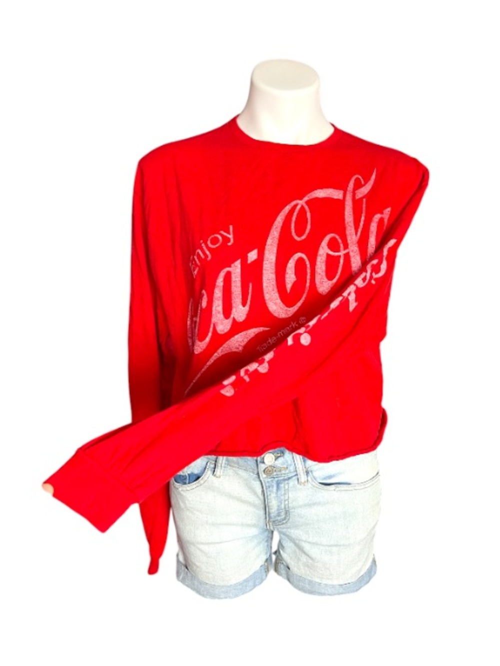 Coca Cola Graphic Crop Top Red Long Sleeve Logo Tee Y2K Size L
